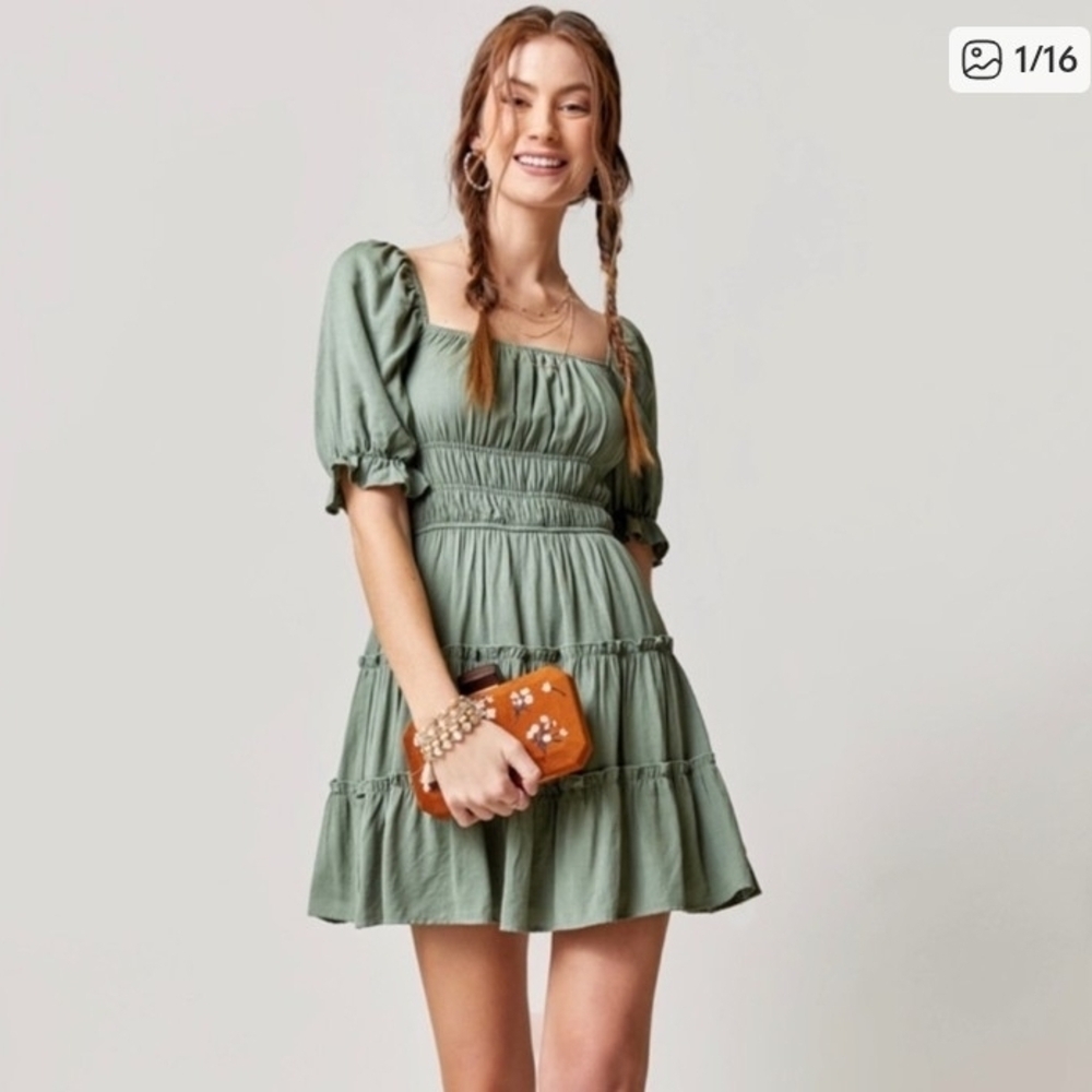 Trixxi Sage Green Puff Sleeve Midi Dress